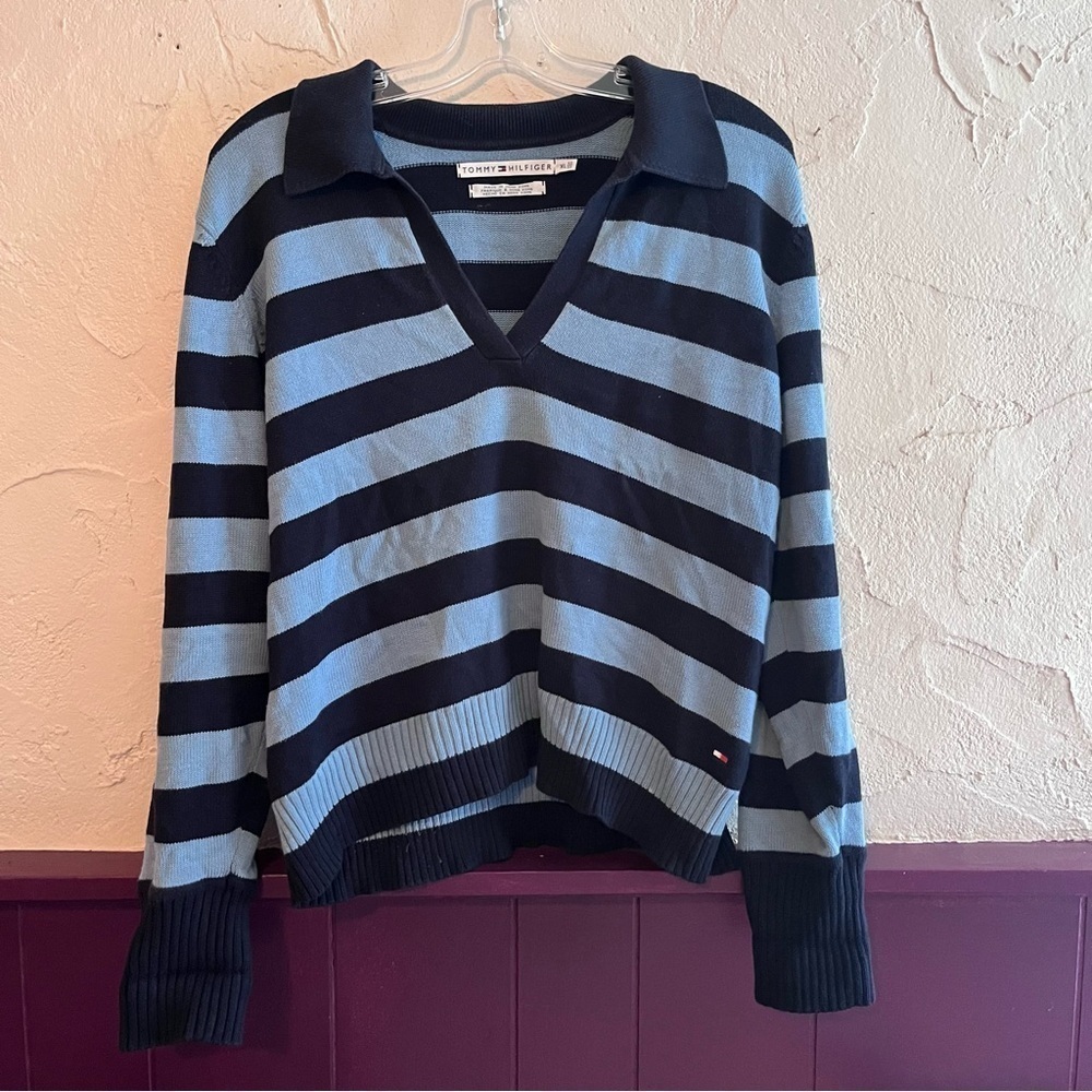 Tommy Hilfiger Navy and Light Blue Striped V-Neck Sweater
